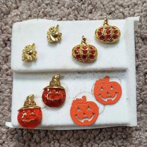 Vintage Lot Of 4 Earrings Unicorn Halloween Pumpkin Gold Tone Avon Collectibles